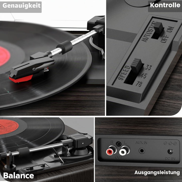 FYDEE Plattenspieler, Bluetooth 5.4 Schallplattenspieler mit Einstellbarer Auflagekraft, 2x3W Stereo