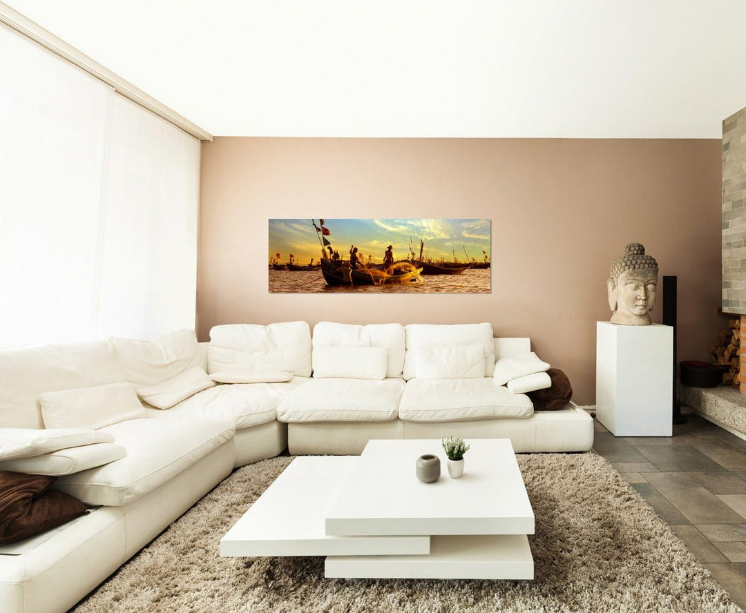 Paul Sinus Art Panoramabild auf Leinwand und Keilrahmen 150x50cm Meer Sonnenaufgang Fischerboote Fis