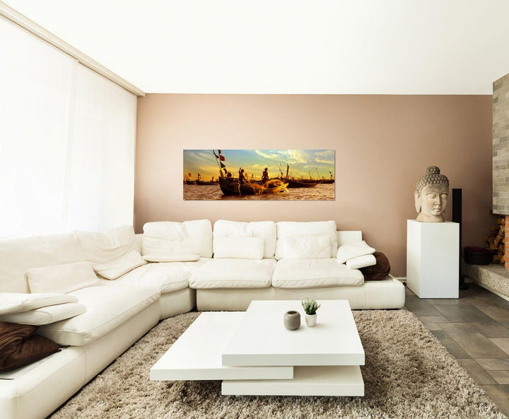Paul Sinus Art Panoramabild auf Leinwand und Keilrahmen 150x50cm Meer Sonnenaufgang Fischerboote Fis