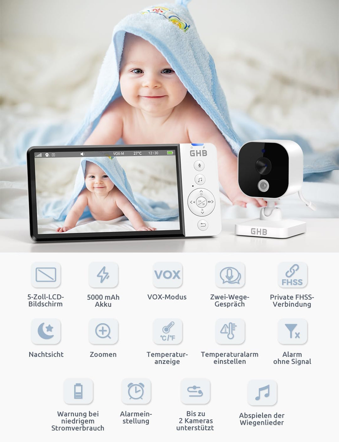 GHB Babyphone mit Kamera 5 Zoll HD 5000mAh IPS-Display 720P VOX-Modus 4X Zoom Nachtsicht Temperatura