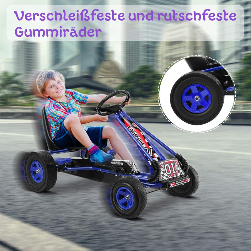 GOPLUS Gokart ab 3-8 Jahre, Kinderfahrzeug mit Verstellbarem Sitz, Tretauto aus Gummireifen, Flexibl