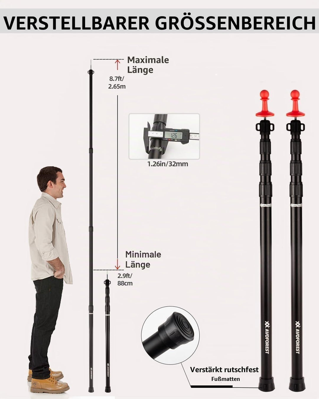 Zeltstange Teleskopstange für Zelte,Teleskopierbare Aluminium-Zeltstange,Höhe 88–265 cm,Sonnensegel