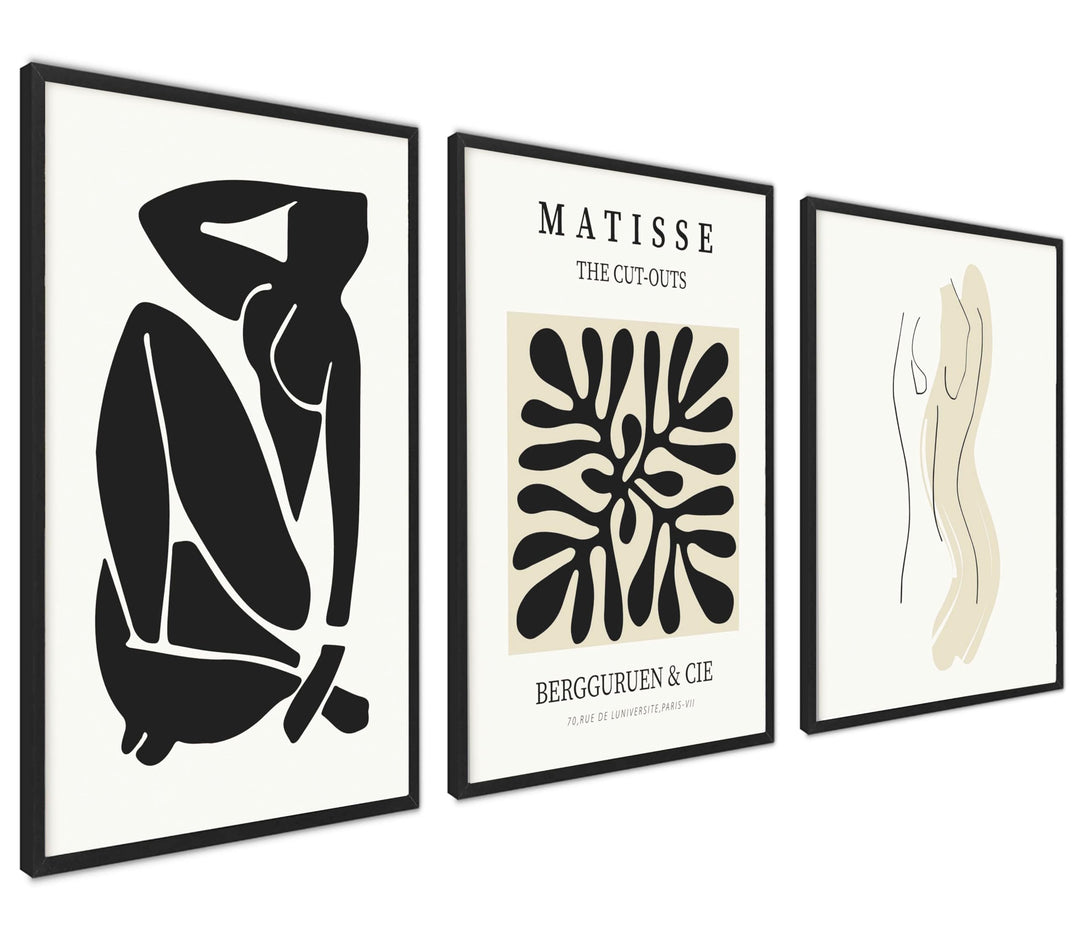 ag.art deco Moderne Poster Set | 3 Stück 50x70cm | Stilvolle beige und schwarze Matisse-Postercollag