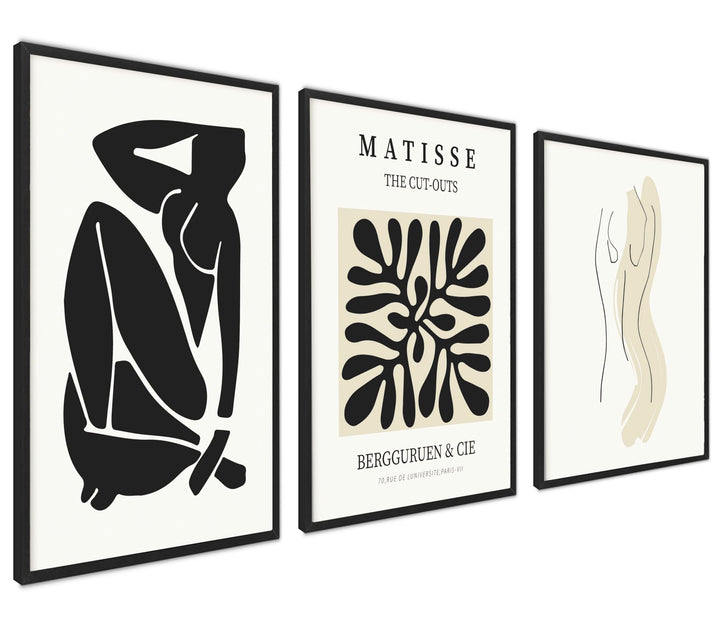 ag.art deco Moderne Poster Set | 3 Stück 50x70cm | Stilvolle beige und schwarze Matisse-Postercollag