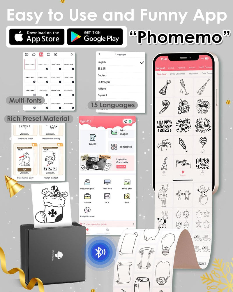 Phomemo Drucker, M02 Mini Thermodrucker für Smartphones mit 3 Papierrollen, Kleiner Sticker Drucker