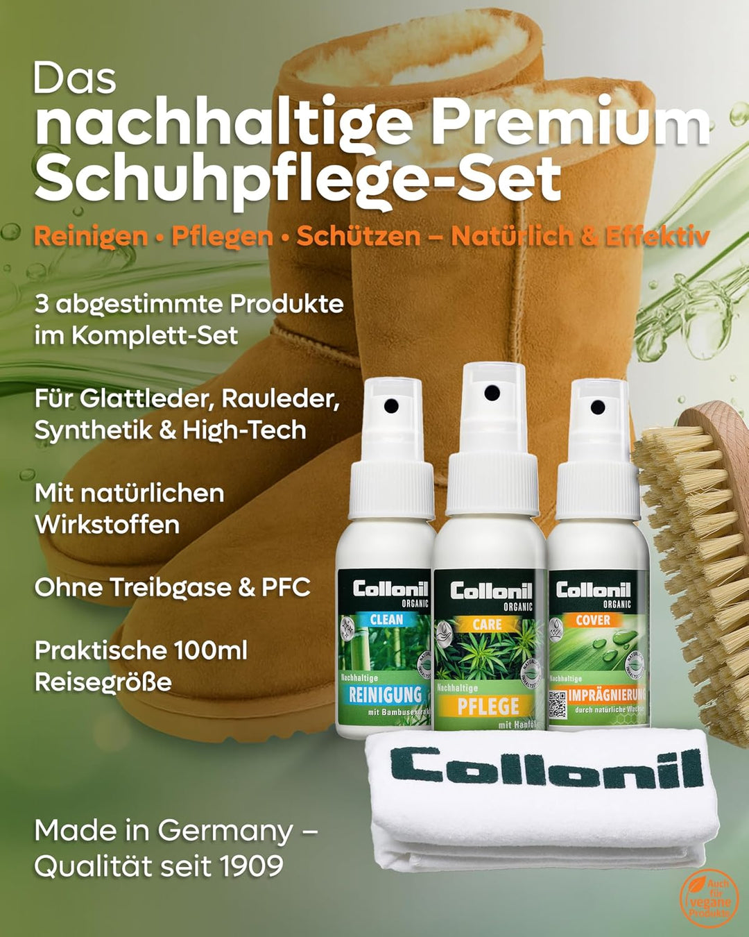 Collonil Organic Starter Kit Schuhpflege Set mit Bürste & Reinigungstuch | Organic Clean + Organic C