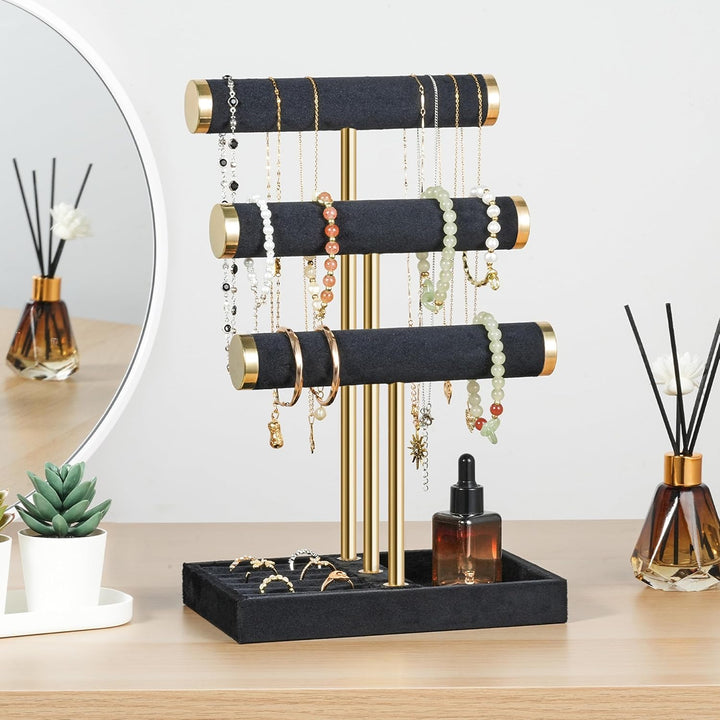 Schmuck Organizer mit 3 Ebenen - Schwarz Schmuckständer Armbänder, Abnehmbarer T-Steg Schmuck Stände