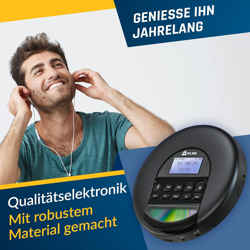 KLIM Nomad - NEU 2023 - Tragbarer CD-Player Discman mit langlebigem Akku - Inklusive KLIM Fusion Kop