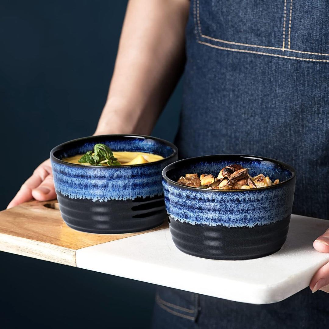 UNICASA Soufflé Förmchen, Creme Brulee Schälchen Blau 4 Stück, Souffleförmchen Porzellan Pastetenfor