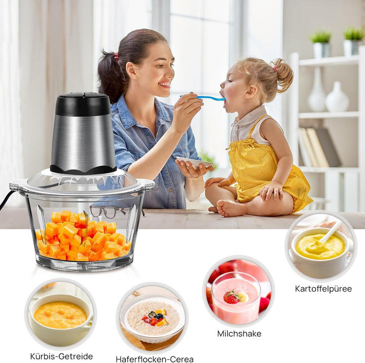 Kitchen Pro 2L Mini-Zerkleinerer mit Glasschale - Mini-Universalzerkleinerer mit Edelstahlklingen -