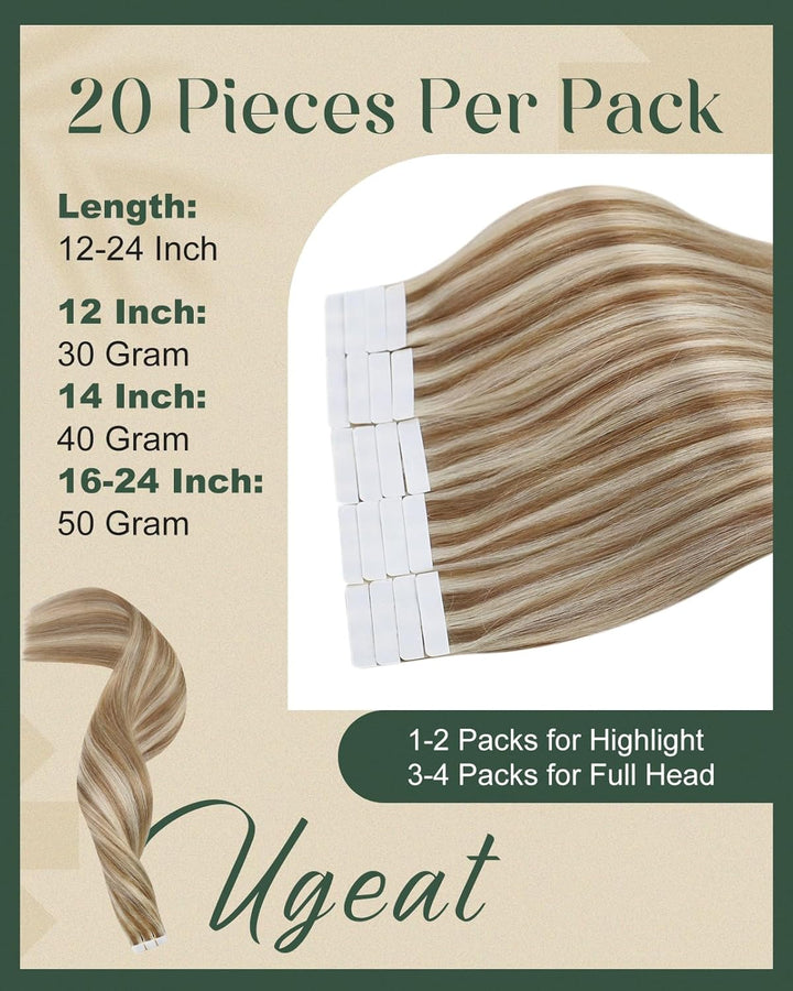 Ugeat Haarverlängerung Echthaar Tape in Extensions Echthaar Blond Remy Echthaar Extensions Tape Gold