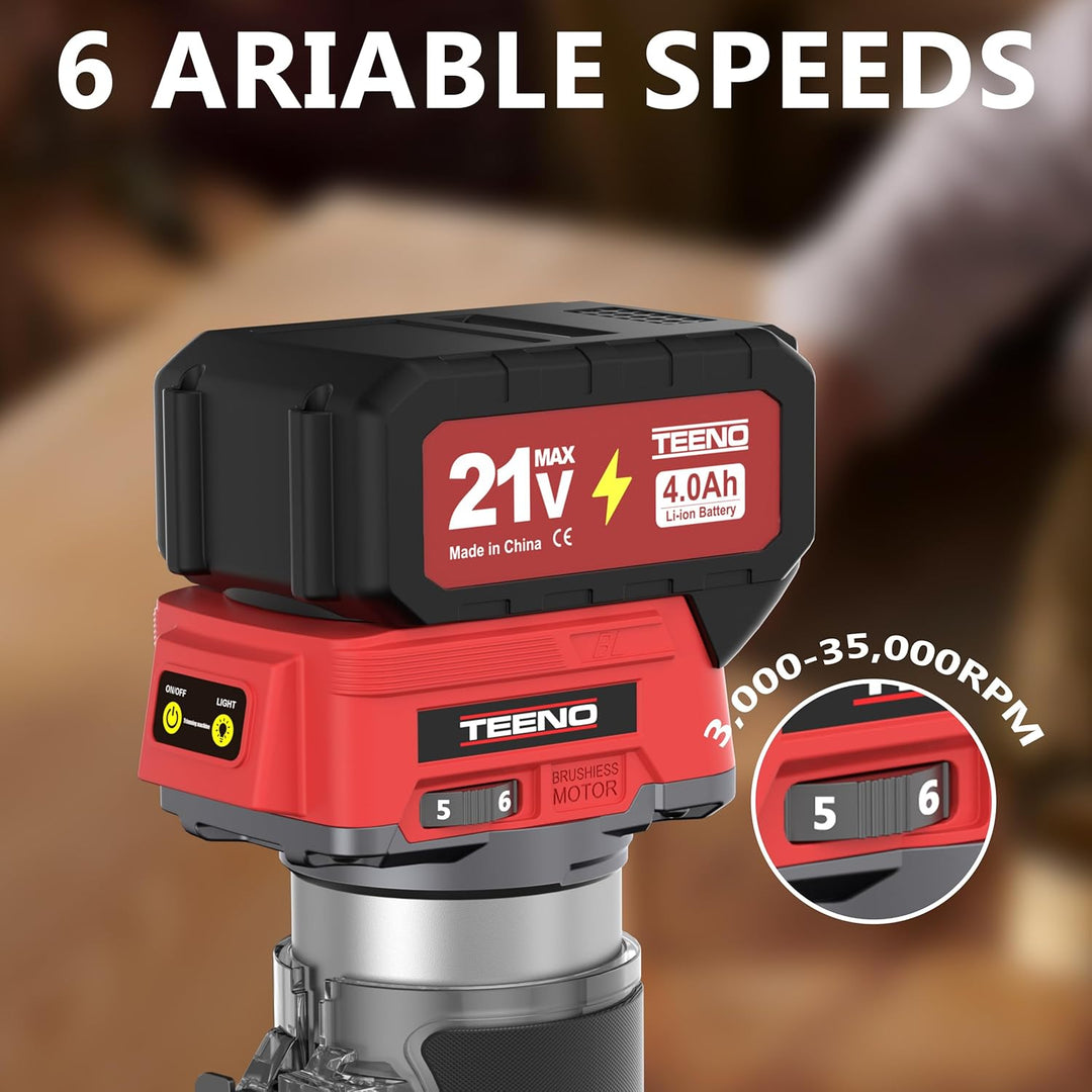 Akku-Holzhobel 20V, tragbare Mini Oberfräse mit 2 x 4,0 Ah Akkus und bürstenlosem Motor, 6 variable