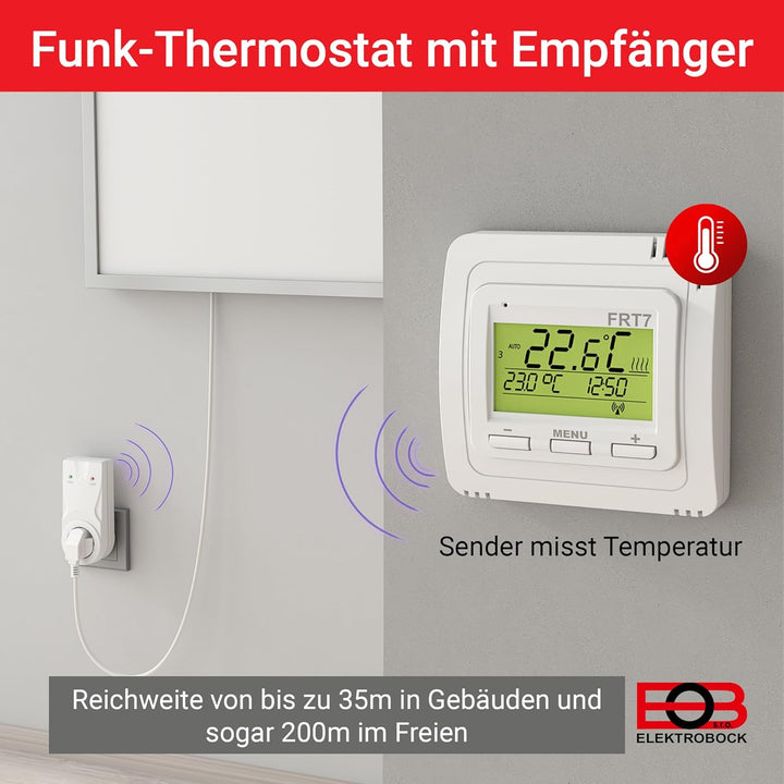 ELEKTROBOCK FRT7B3 Funk-Raumthermostat mit Standfuss | Überall hinstellen | mit Empfänger | 𝑳𝓐𝑵𝐆𝑳𝜠𝓑𝑰