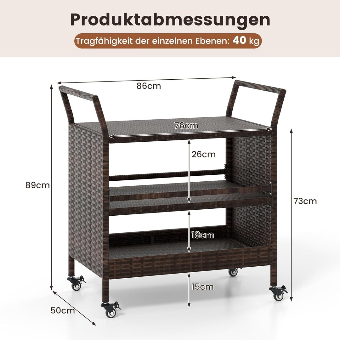 COSTWAY Servierwagen Rattan, Küchenwagen mit 3 Ablagen & Rollen & Seitengriffen, Grillwagen Grilltis