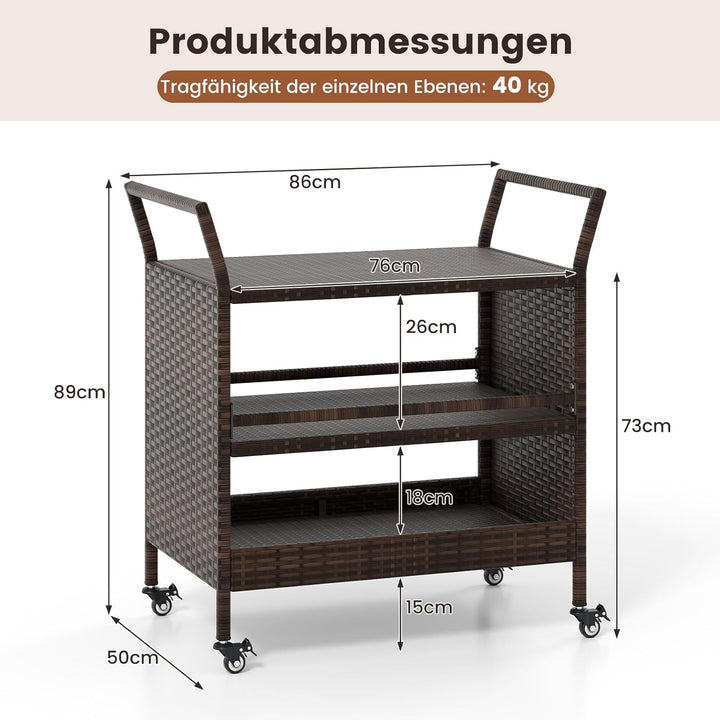 COSTWAY Servierwagen Rattan, Küchenwagen mit 3 Ablagen & Rollen & Seitengriffen, Grillwagen Grilltis