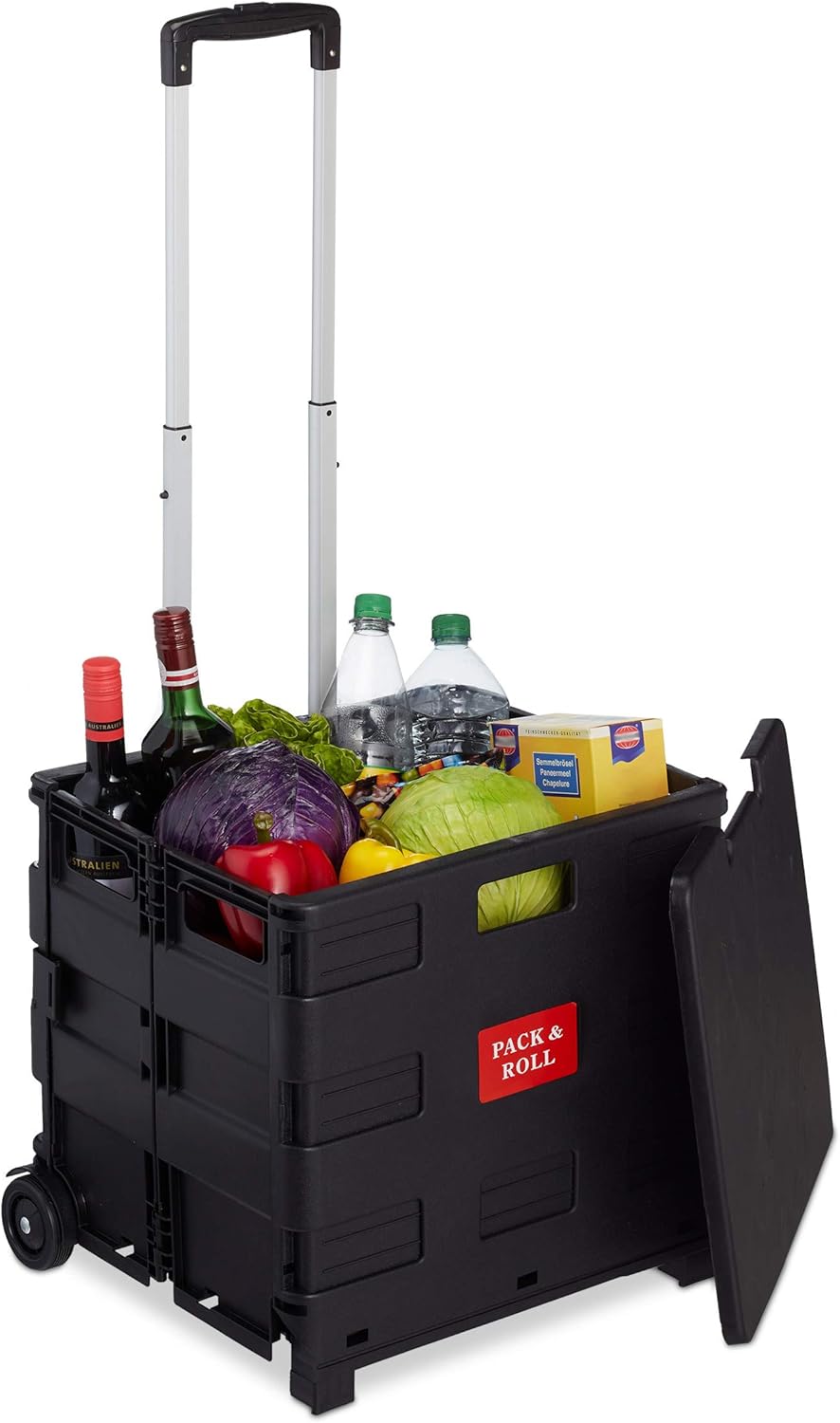 Relaxdays Einkaufstrolley klappbar, mit Teleskopgriff & Deckel, Transporttrolley, bis 35 kg, HBT 99x