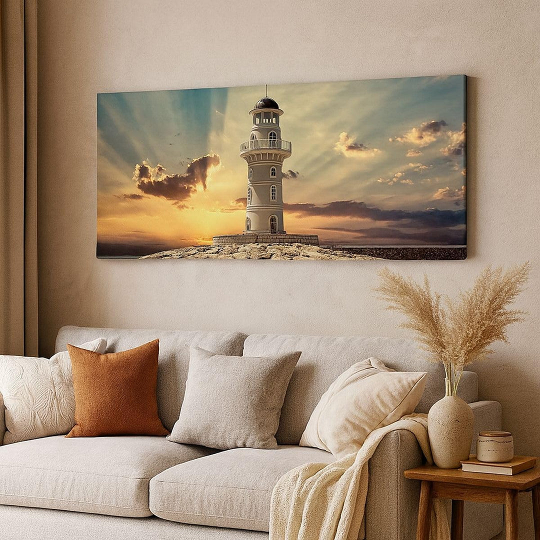 Wandbilder Dekoration Wohnzimmer Leuchtturm Wasser Meer Steine Panorama Bilder auf Leinwand 120x50cm