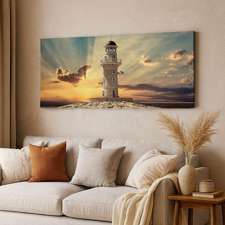 Wandbilder Dekoration Wohnzimmer Leuchtturm Wasser Meer Steine Panorama Bilder auf Leinwand 120x50cm
