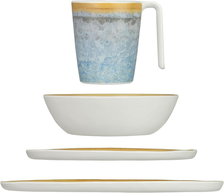 Melamin Camping Geschirr Set 4 Personen Crystal Blue + 4 Milano Gläser Wassergläser Tafelgeschirr Pi