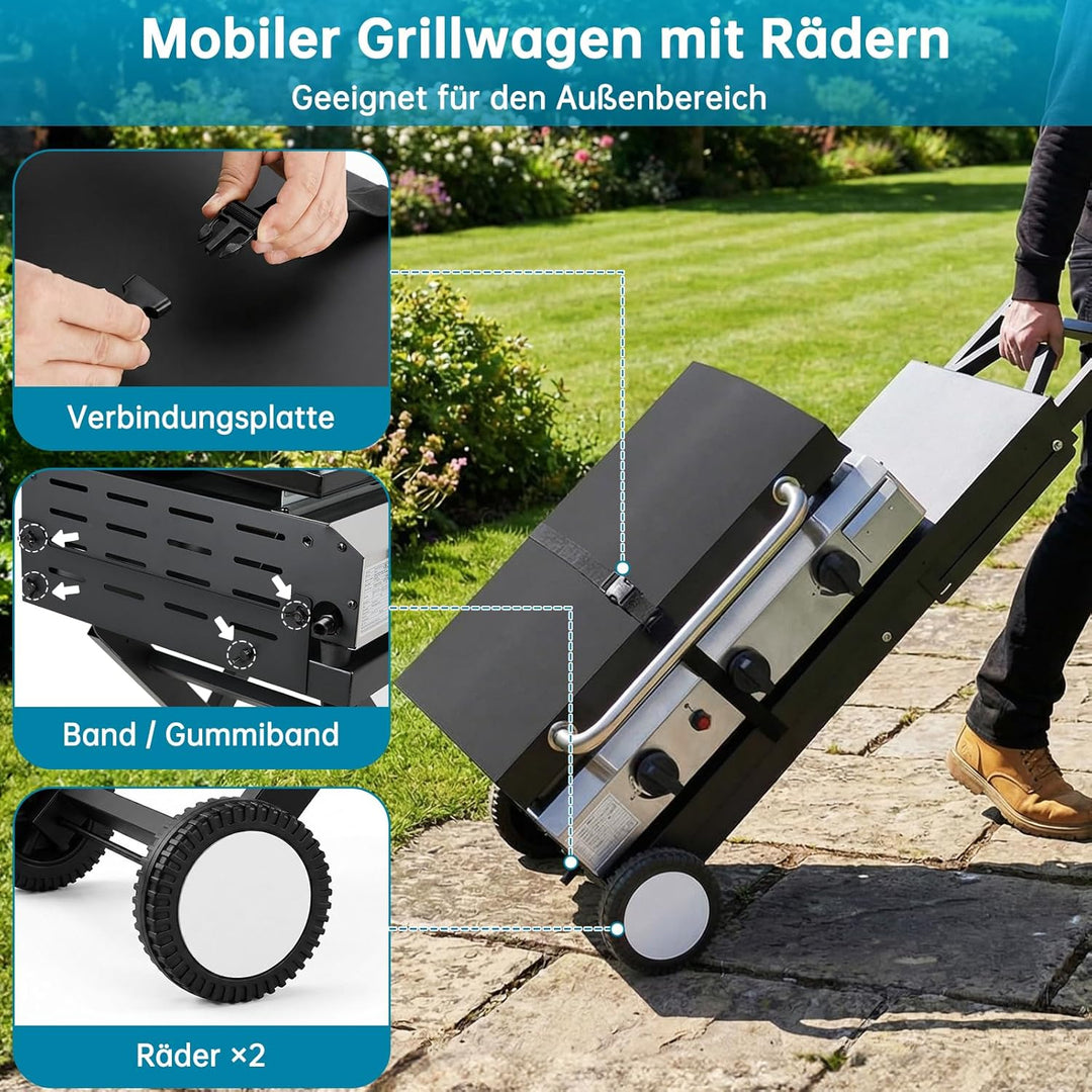 LIFERUN Klappbarer Grillwagen mit Grosser Arbeitsfläche(102x39 cm) & 2 Räder,Tragbarer Grilltisch mi