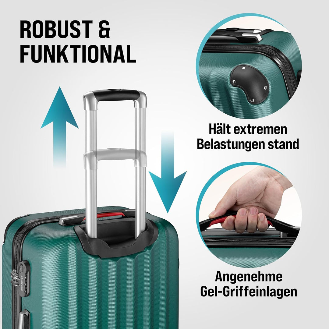 MONZANA® 3tlg. Kofferset, Grün - M-L-XL - inkl. Schloss, Organizer & Kofferwaage - Gurt Gel-Griffe,