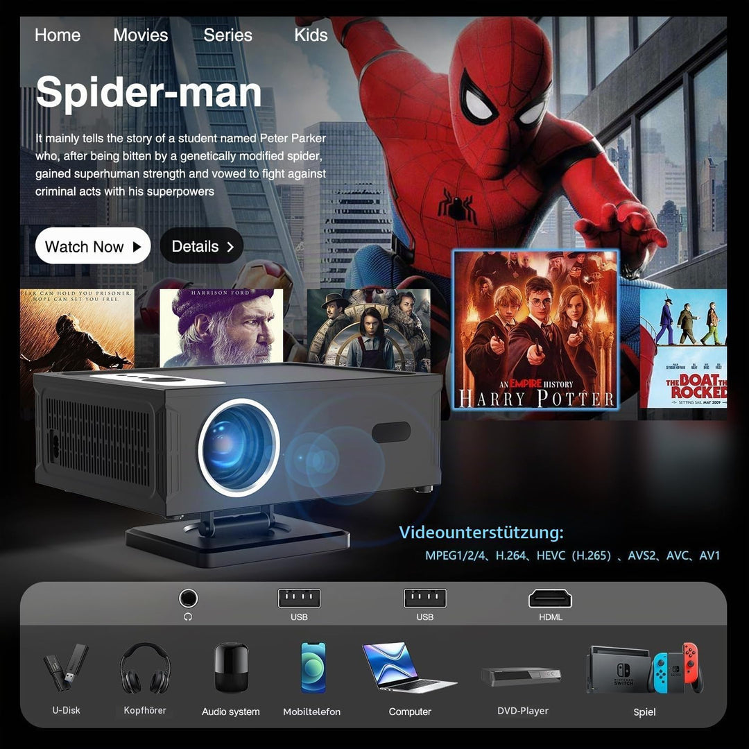Smart Beamer Full HD 1080P Unterstützt 4K, Projektor 4K mit WiFi 6 BT 5.0 und 360° Abnehmbarer Ständ