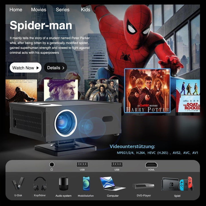 Smart Beamer Full HD 1080P Unterstützt 4K, Projektor 4K mit WiFi 6 BT 5.0 und 360° Abnehmbarer Ständ