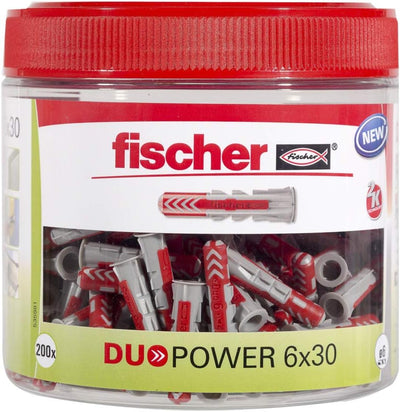 fischer RED-BOX DUOPOWER, Sortimentbox mit 280 DUOPOWER Dübeln & DUOPOWER 6 x 30, handliche Runddose