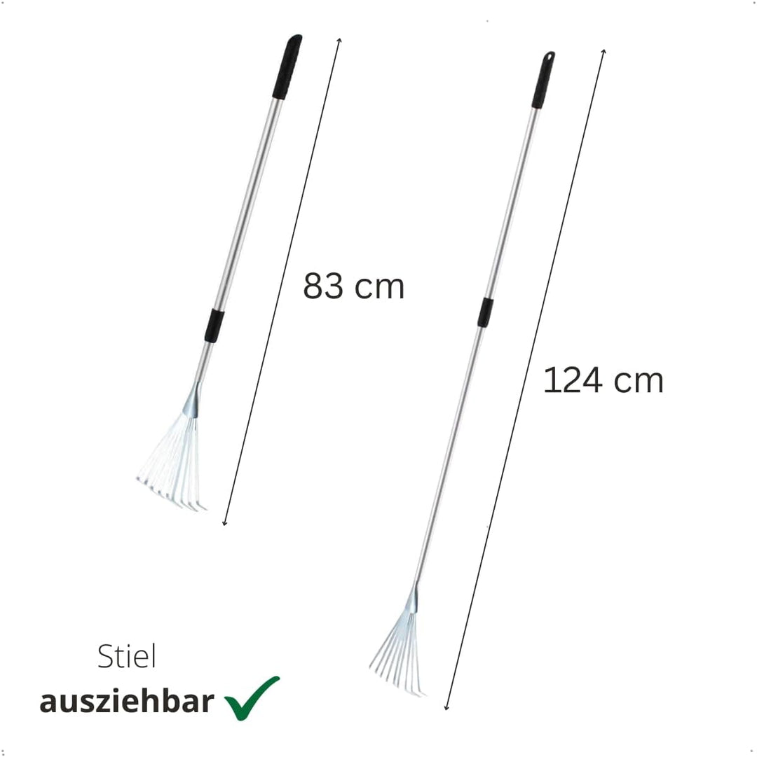Rekord Kleinfeger (Stahl) mit Teleskopstiel (Aluminium) Länge bis 124 cm & Aufhängeloch, Harke, Rech