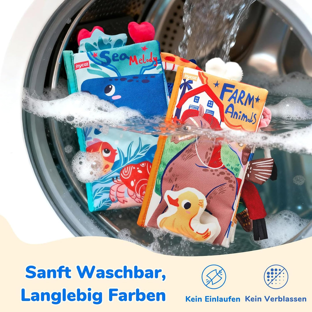 JoyCat Baby Spielzeug ab 0 3 6 Monate, 2 Stück Babybuch Stoffbuch, Bauernhof &amp; Ozean Fühlbuch Kniste