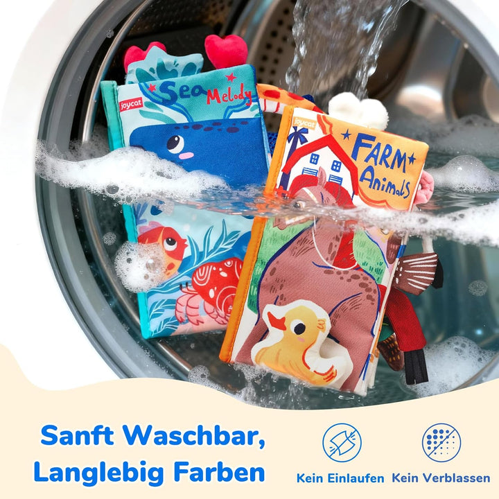 JoyCat Baby Spielzeug ab 0 3 6 Monate, 2 Stück Babybuch Stoffbuch, Bauernhof &amp; Ozean Fühlbuch Kniste