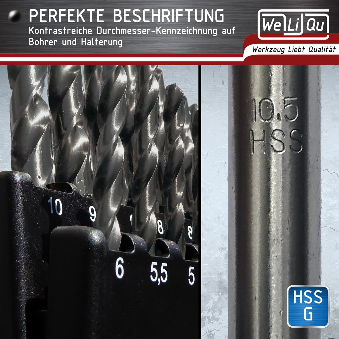 WELIQU Hochleistungs-Spiralbohrer-Set aus HSS-G M2 - Spiralbohrer Set - 25-teilig - Präzisionsbohrer