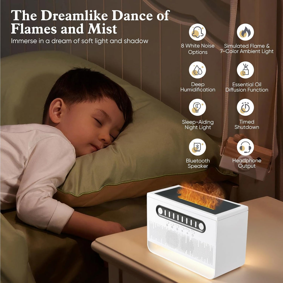 White Noise Machine, Luftbefeuchter Schlafzimmer,Flammen Aroma Diffuser mit weissem Rauschen und Far
