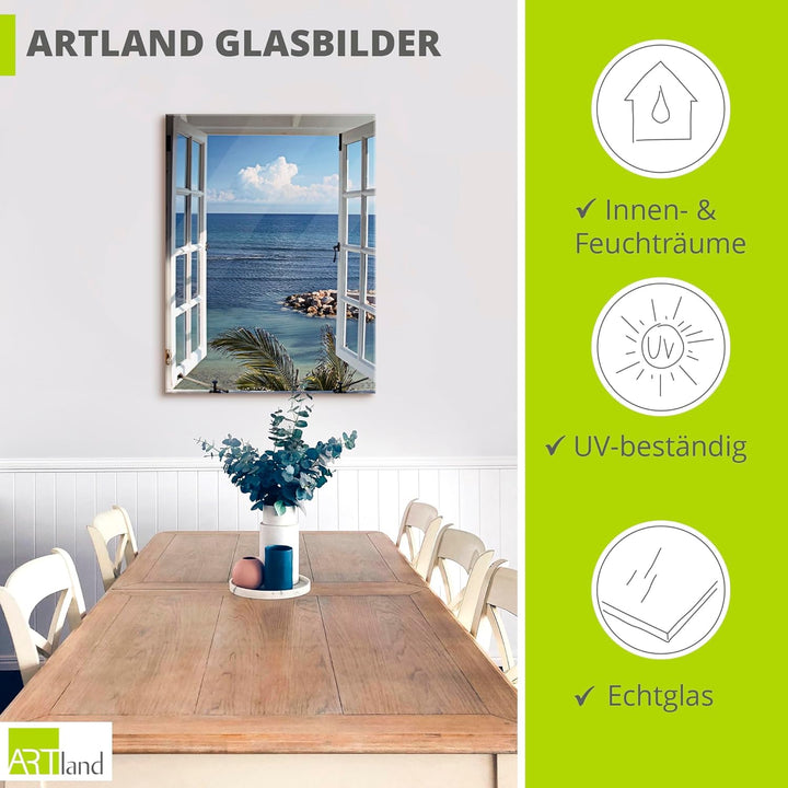 ARTland Glasbilder Wandbild Glas Bild einteilig 60x80 cm Hochformat Strand Meer Küste Palmen Ausblic