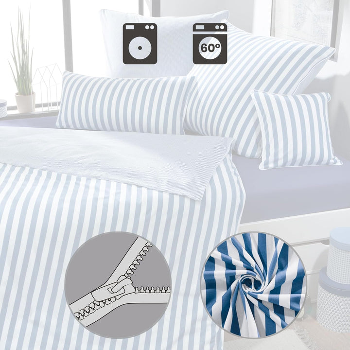 Erwin Müller Wende-Bettwäsche, Bettbezug, Kissenbezug Single-Jersey Streifen blau-weiss Grösse 155x2