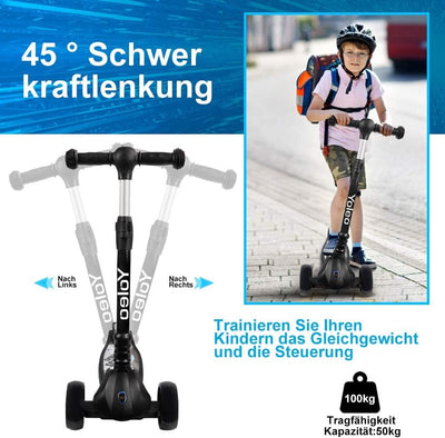 YOLEO Kinderoller Kinderscooter Dreiradscooter mit LED Räder, 2-Rädern Hinterbremsen,4 Höhenverstell