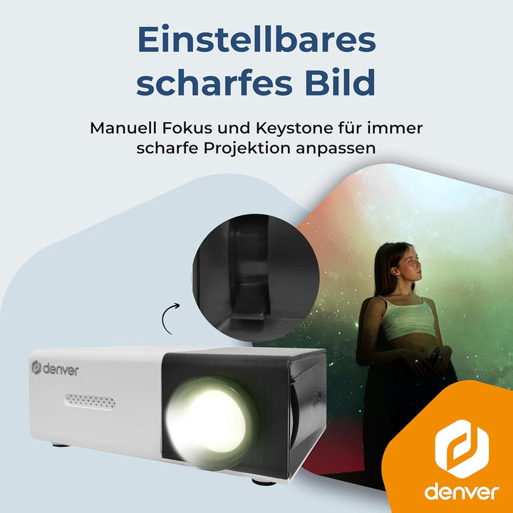 DENVER PR-1000 Mini Beamer, Unterstützt Full HD 1080p, Tragbarer LED Projektor mit HDMI, USB-C & Mic