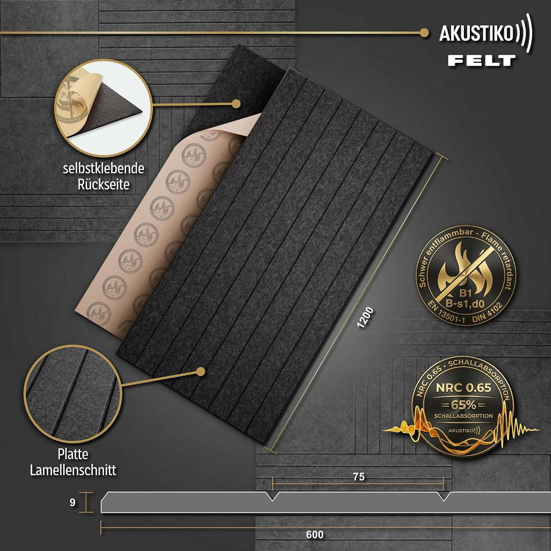 AKUSTIKO Akustikpaneele selbstklebend 4er Set 120x60cm - Schallschutzplatten Feuerfest Schalldämmung