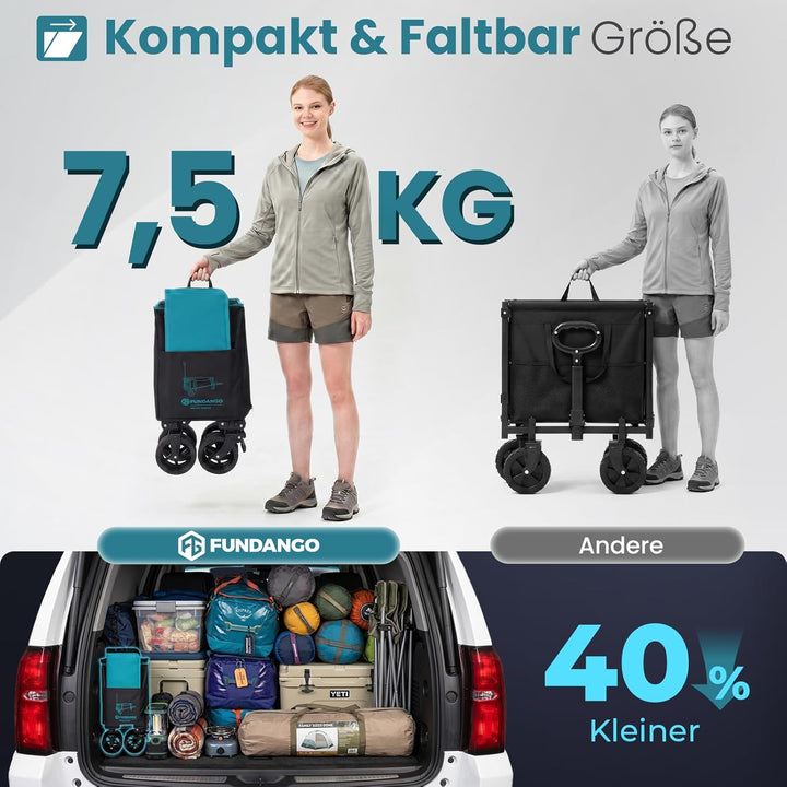 FUNDANGO XXL Bollerwagen Faltbar 180KG 200L mit Heckklappe, 114CM Extra Lang, Kompakt Zusammenklappb