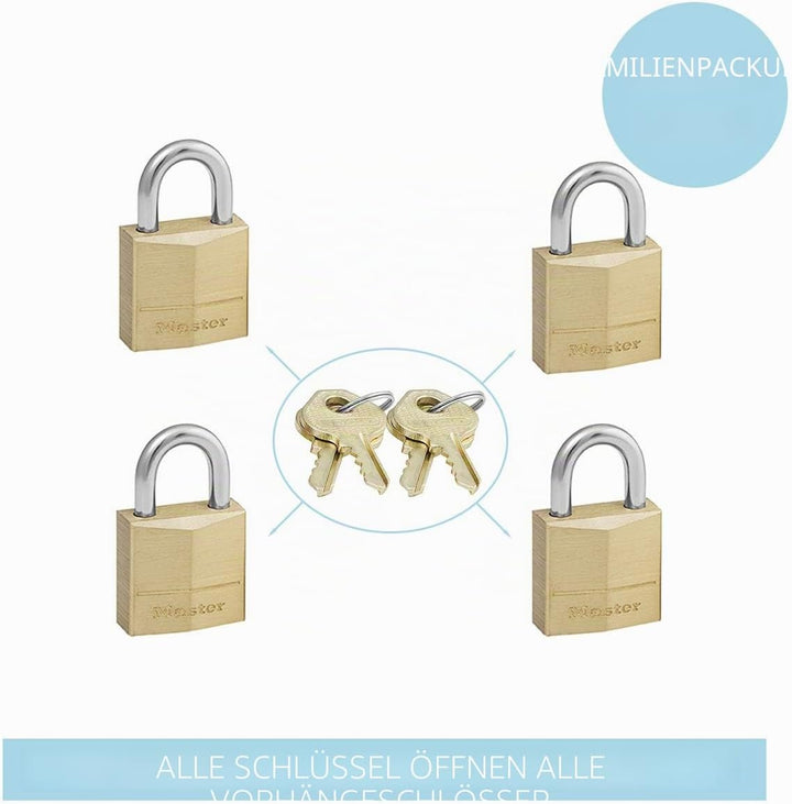MASTER LOCK 120EURQNOP 4 VORHÄNGESCHLÖSSER 20MM VOLLMESSING STAHLBÜGEL 11MM Gold, Gold