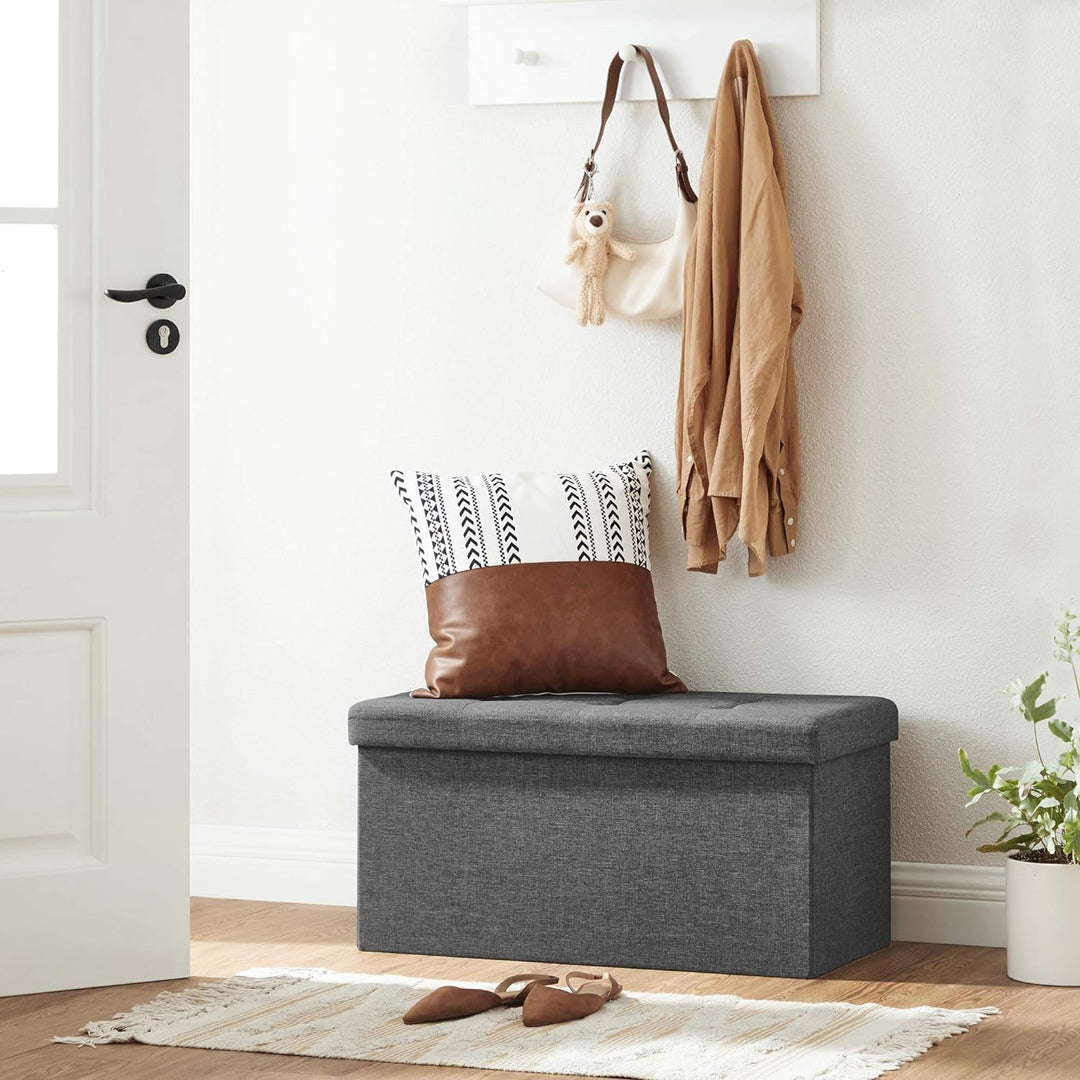 SONGMICS 76 cm Sitzbank mit Stauraum, klappbare Sitztruhe, Aufbewahrungsbox, Fussbank, dunkelgrau LS