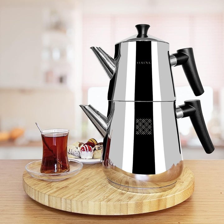 Serenk Edelstahl-Teekannen-Set, 1L & 2L, Doppelstöckig, Induktionsgeeignet, Schwarzer Griff Silber/S