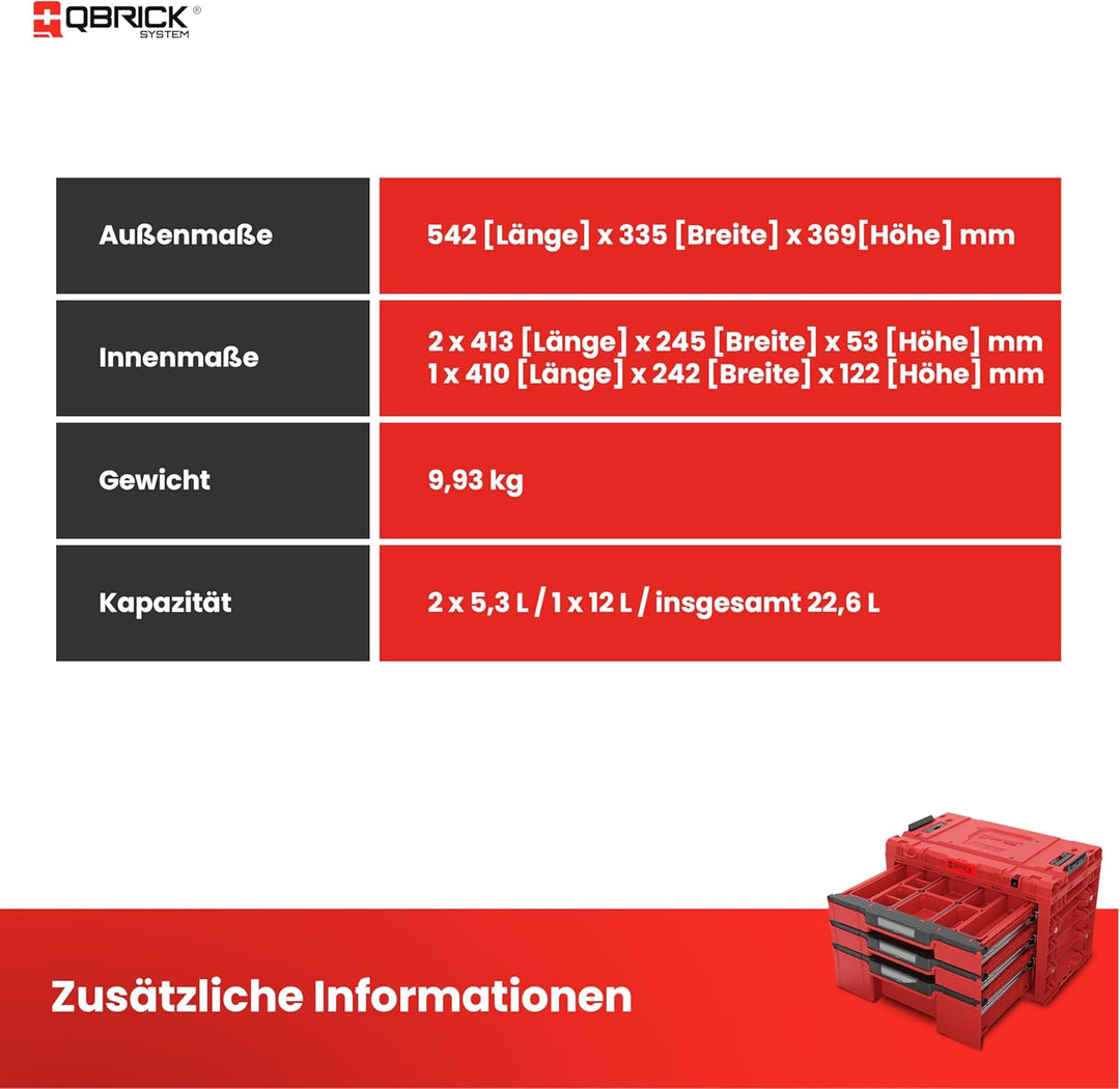 Qbrick System Werkzeugkoffer Sortierbox Leer - 3 Schubladen - Werkzeugkiste - 542 x 335 x 369 mm Rot
