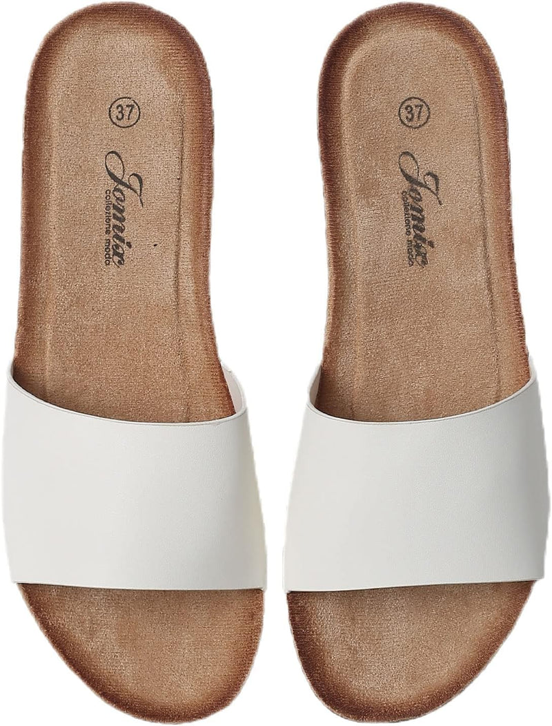 JOMIX Sommer Pantoletten Damen Clogs Leder Keilabsatz Sandalen Bequeme Kork Fussbett Meer Pool Stran