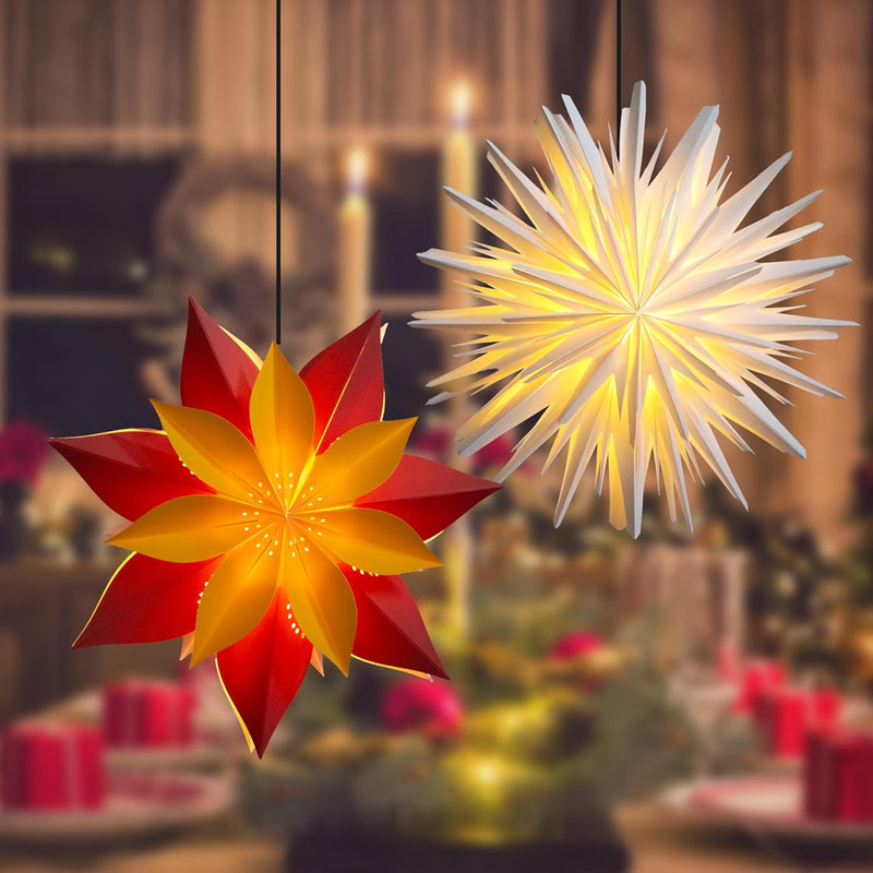 EANLOLY Papierstern zum Aufhängen, Weihnachtsstern Beleuchtet, 3D Leuchtsterne Fenster, Papiersterne