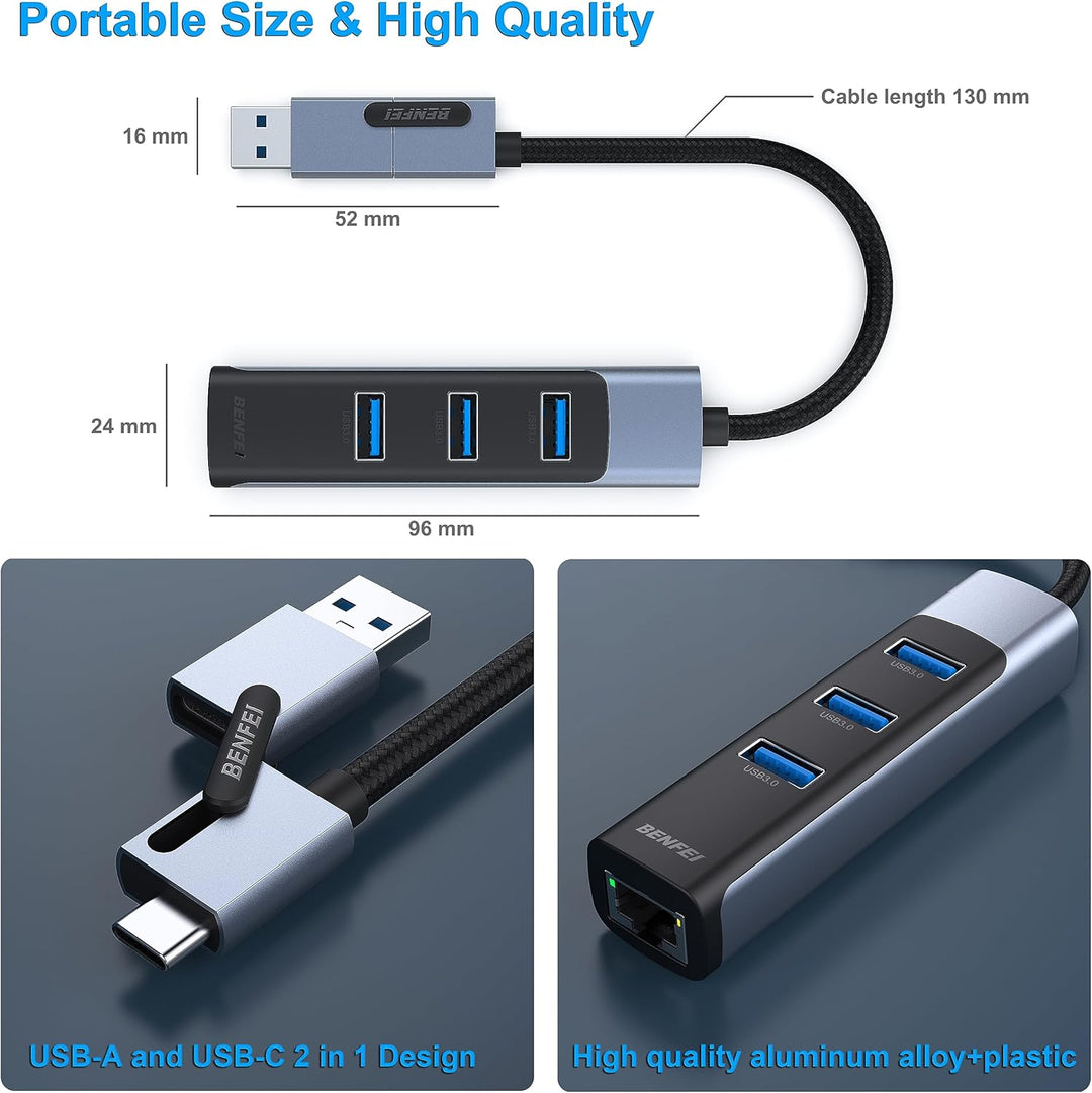 BENFEI Ethernet Adapter mit 3*USB 3.0, USB Typ-C/Typ-A auf Gigabit Ethernet LAN Netzwerk Adapter, ko