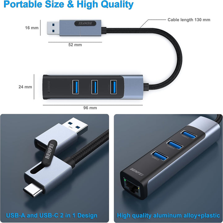 BENFEI Ethernet Adapter mit 3*USB 3.0, USB Typ-C/Typ-A auf Gigabit Ethernet LAN Netzwerk Adapter, ko