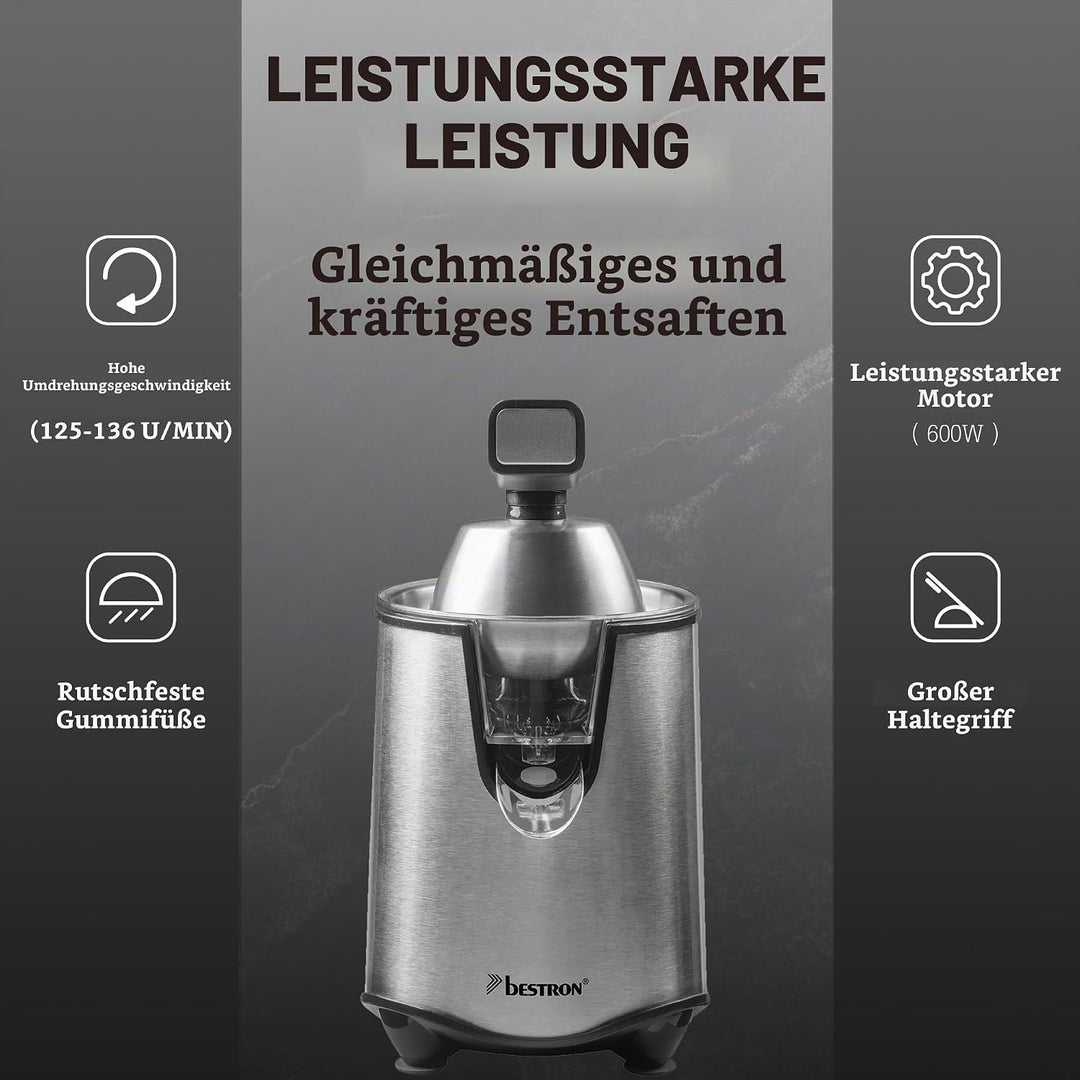 Bestron elektrische Saftpresse, Orangenpresse mit Auslauf-Stopp Funktion &amp; edelstahl Fruchtfleischsi