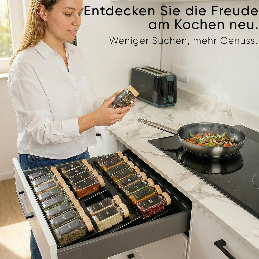 Deco haus® Gewürzregal Schublade [MIT 24 GEWÜRZGLÄSER & ETIKETTEN] - Gewürz Organizer Schublade - Ge