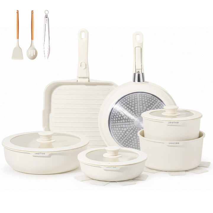 JEETEE Topfset Pfannenset mit abnehmbarem Griffen 25-Teilig, Pfanne 20/26cm, Kochtopf 18/20cm, Tiefe